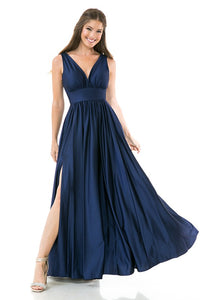 Dark Blue Waist Ruched Shiny Pocketed Formal Dress