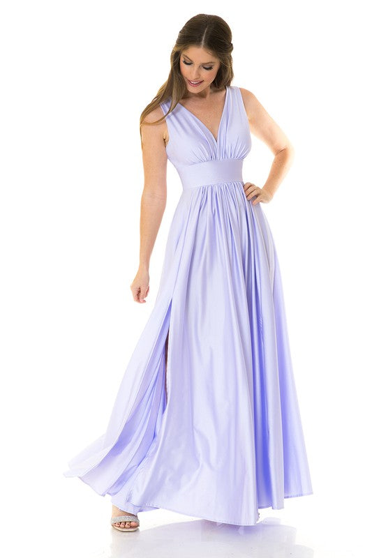 Light purple Waist Ruched Shiny Pocketed Formal Dress