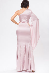 Pink Solid Satin One Shoulder Deep V-Neck Maxi Dress