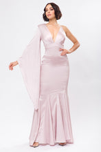 Pink Solid Satin One Shoulder Deep V-Neck Maxi Dress