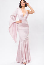 Pink Solid Satin One Shoulder Deep V-Neck Maxi Dress