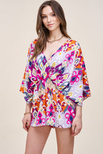 Fuchsia Retro Floral Print Deep V-Neck Wide Sleeve Romper