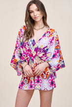 Fuchsia Retro Floral Print Deep V-Neck Wide Sleeve Romper
