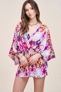 Fuchsia Retro Floral Print Deep V-Neck Wide Sleeve Romper