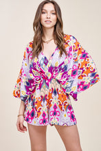 Fuchsia Retro Floral Print Deep V-Neck Wide Sleeve Romper