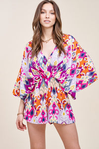 Fuchsia Retro Floral Print Deep V-Neck Wide Sleeve Romper
