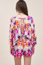 Fuchsia Retro Floral Print Deep V-Neck Wide Sleeve Romper