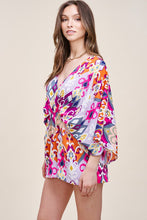 Fuchsia Retro Floral Print Deep V-Neck Wide Sleeve Romper