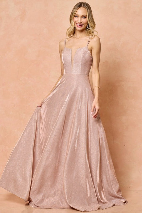 Rose Gold Ladies Double Straps Glitter Maxi Dress
