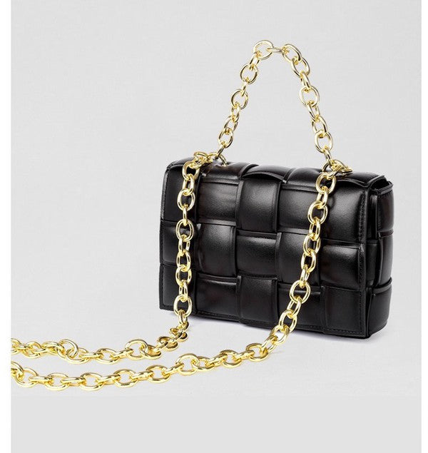 Black Square Quilted Design Chain Link Handle Bag