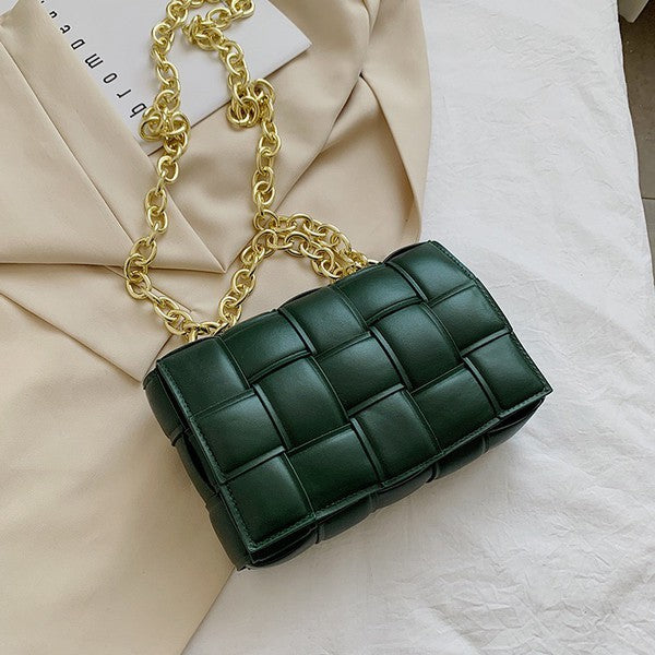 Dark Green Square Quilted Design Chain Link Handle Bag
