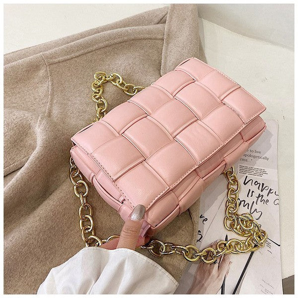 Pink Square Quilted Design Chain Link Handle Bag