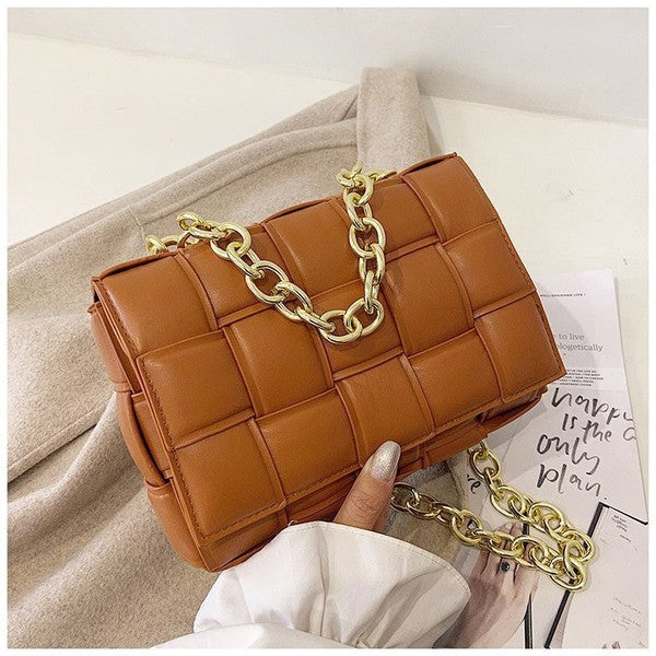 Brown Square Quilted Design Chain Link Handle Bag