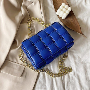 Blue Square Quilted Design Chain Link Handle Bag