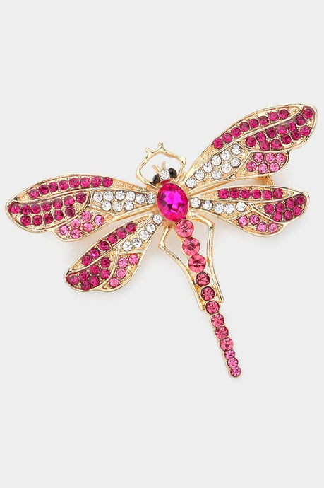 Pink Stone Embellished Metal Dragonfly Pin Brooch