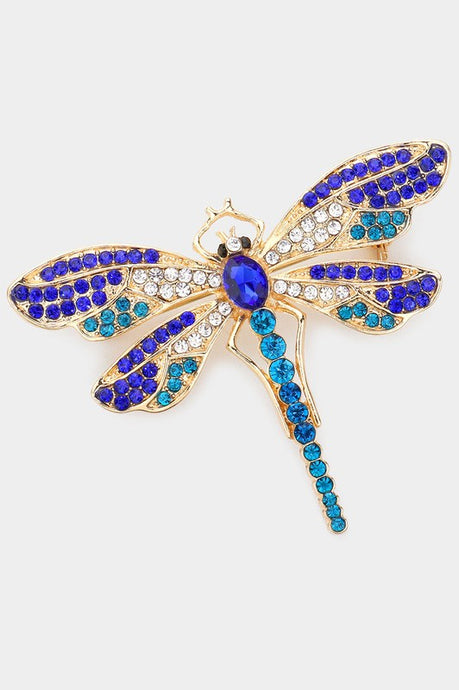 Blue Stone Embellished Metal Dragonfly Pin Brooch