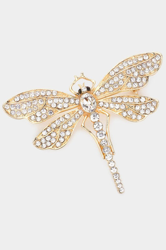 Gold Stone Embellished Metal Dragonfly Pin Brooch
