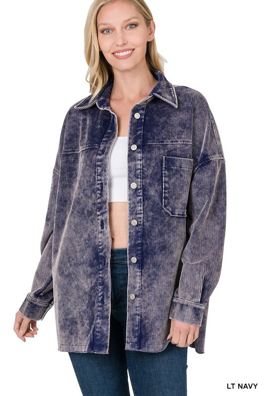 Light Navy Oversized Premium Vintage Washed Corduroy Shacket