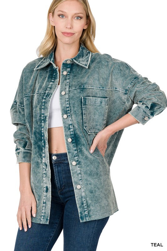 Teal Oversized Premium Vintage Washed Corduroy Shacket