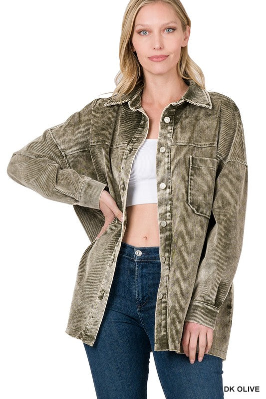 Dark Olive Oversized Premium Vintage Washed Corduroy Shacket