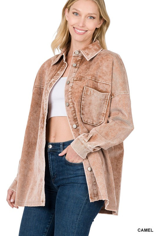 Light Brown Oversized Premium Vintage Washed Corduroy Shacket