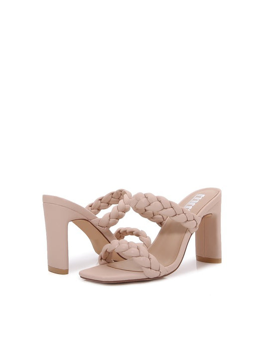 Beige Double Braided Strap High Chunky Heeled Sandals