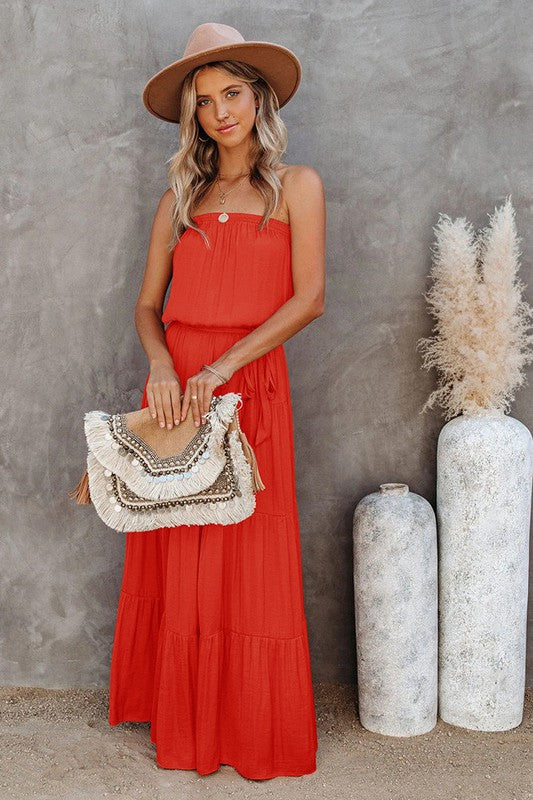 Red Maxi Dress With A Tie Waist