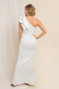 White Ruffle Detailed One Shoulder Mermaid Maxi Dress