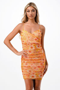 Lemon Ruched Printed Mesh Midi Dress