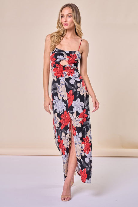 Floral Print Ruched Split Thigh Dress