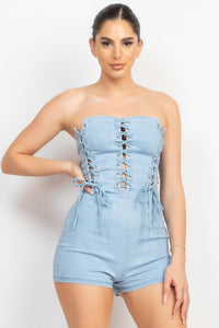 Light Denim Lace-up Detailed Tube Top Romper
