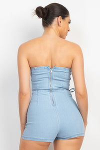 Light Denim Lace-up Detailed Tube Top Romper