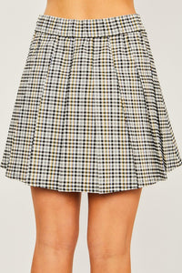 Black Combo Woven Yarn Dye Pleated Mini Skirt