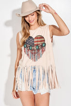 American Flag Heart Suede Fringe Muscle Tank Top