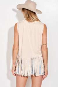 American Flag Heart Suede Fringe Muscle Tank Top