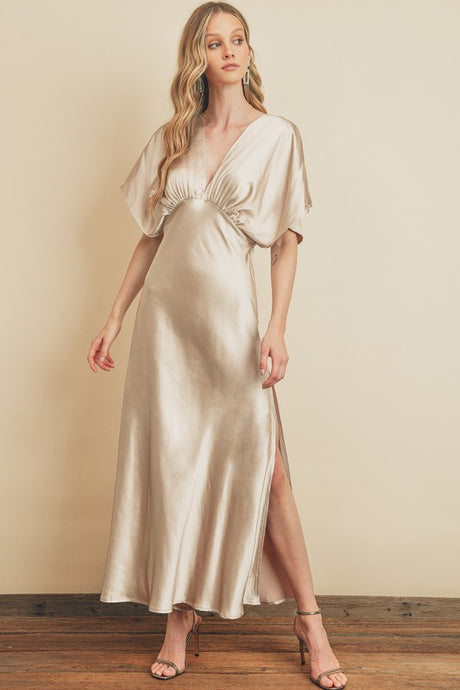 Champagne Satin Blouson Maxi Dress