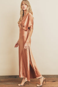 Golden Sand Satin Blouson Maxi Dress