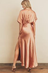 Golden Sand Satin Blouson Maxi Dress