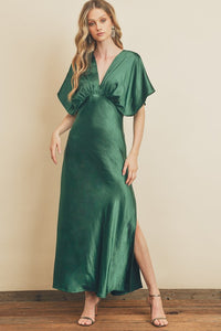 Dark Green Satin Blouson Maxi Dress