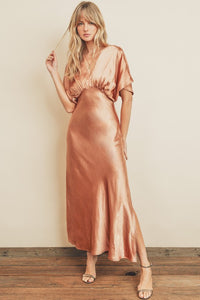 Golden Sand Satin Blouson Maxi Dress