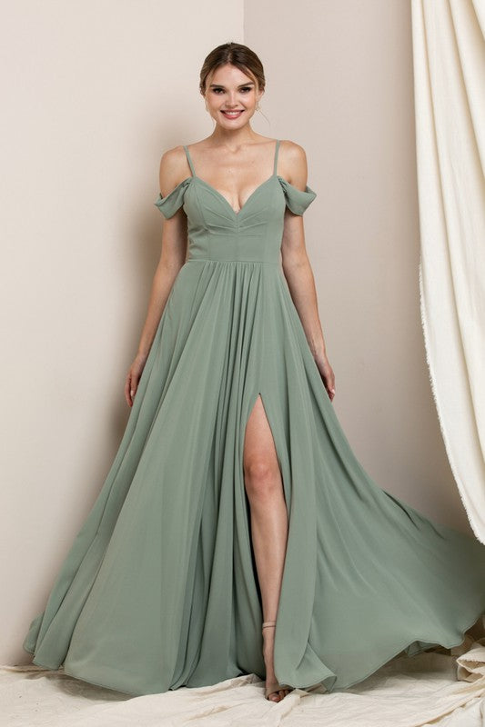 Dusty Sage Beautiful Dress With Shoulder Detail And See-through Lace Back With Side Slit