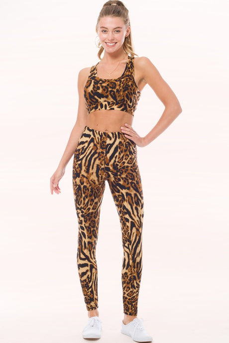 Leopard Print Peach Skin Print Active Cropped Top Leggings Set