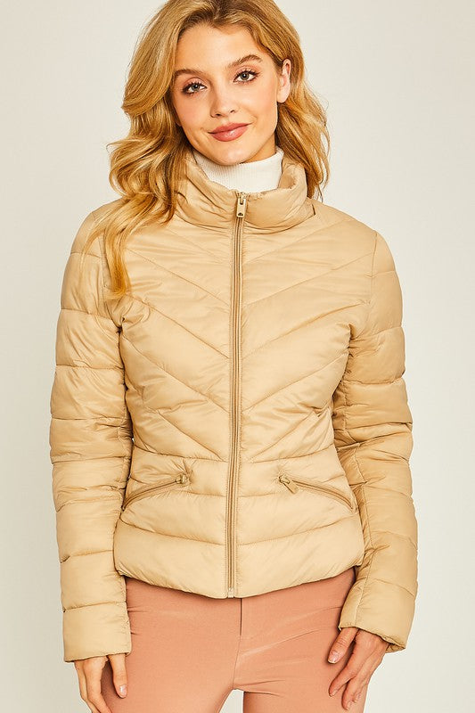Khaki Woven Solid High Neck Jacket