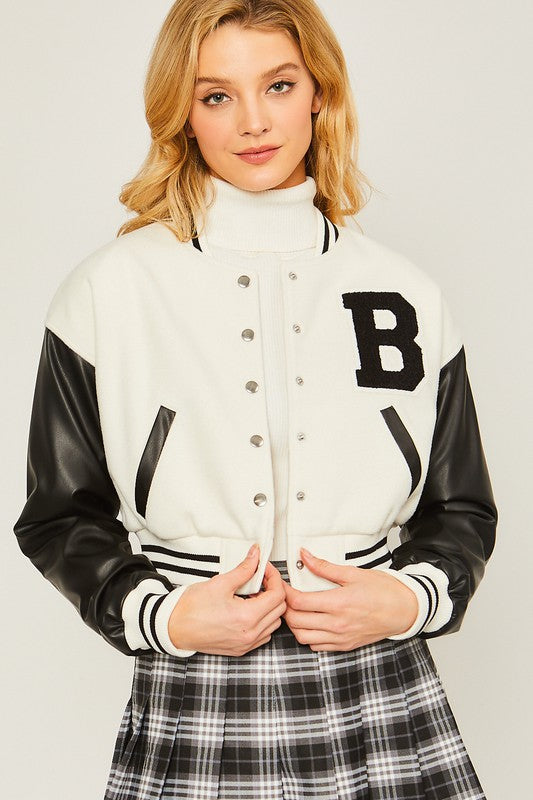 Ivory Patched Contrast Pu Sleeve Jacket