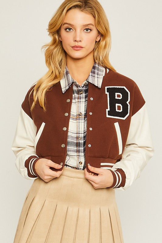 Brown Patched Contrast Pu Sleeve Jacket