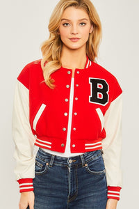 Red Patched Contrast Pu Sleeve Jacket
