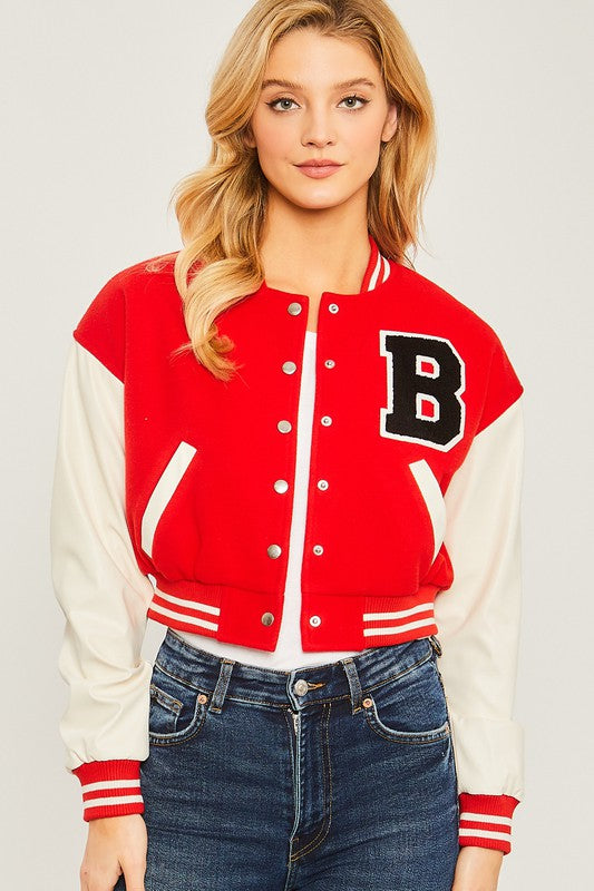 Red Patched Contrast Pu Sleeve Jacket