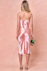 Pink One Shoulder Two Straps Satin Midi