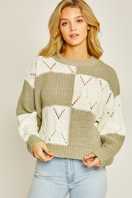 Green Diamond Cutout Checkered Sweater