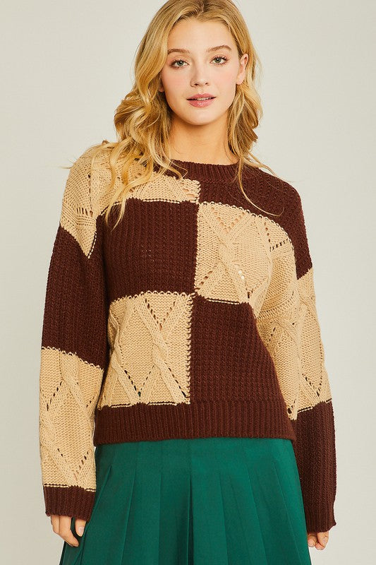 Brown Diamond Cutout Checkered Sweater